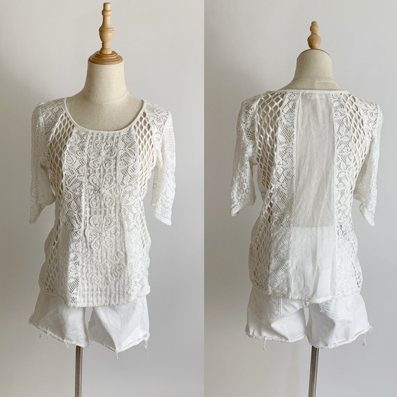Anthropologie Tops - ANTHROPOLOGIE White Lace Short Sleeve Women’s Top